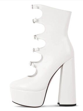 White Platform Ankle Boots with Scalloped Buckle Straps